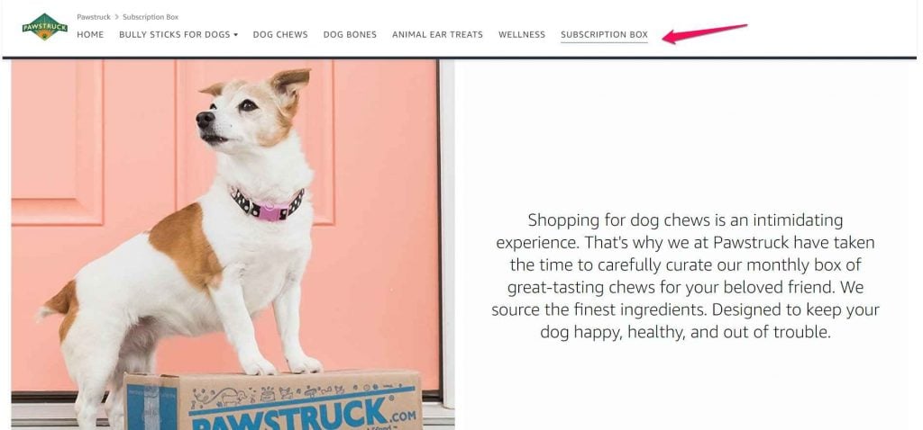 Amazon Storefront Example of Pawstruck showing off their subscription box tab as a single SKU promotion